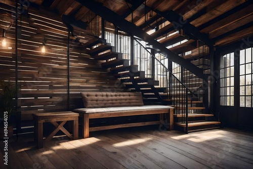 Modern Loft Entrance Hall with Staircase and Wooden Bench