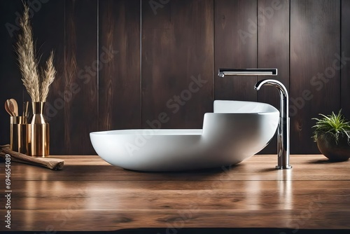 Wall-Mounted Wooden Counter with Black Vessel Sink and Modern Faucet