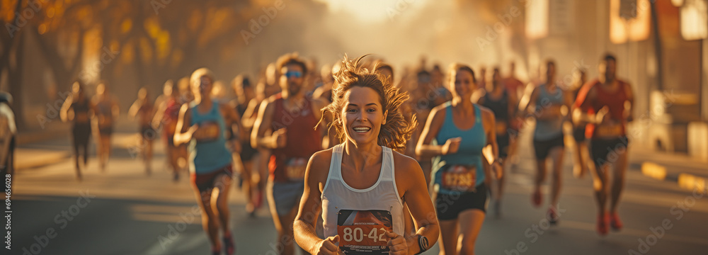 Men competing in a road race or marathon run competition. - obrazy, fototapety, plakaty 