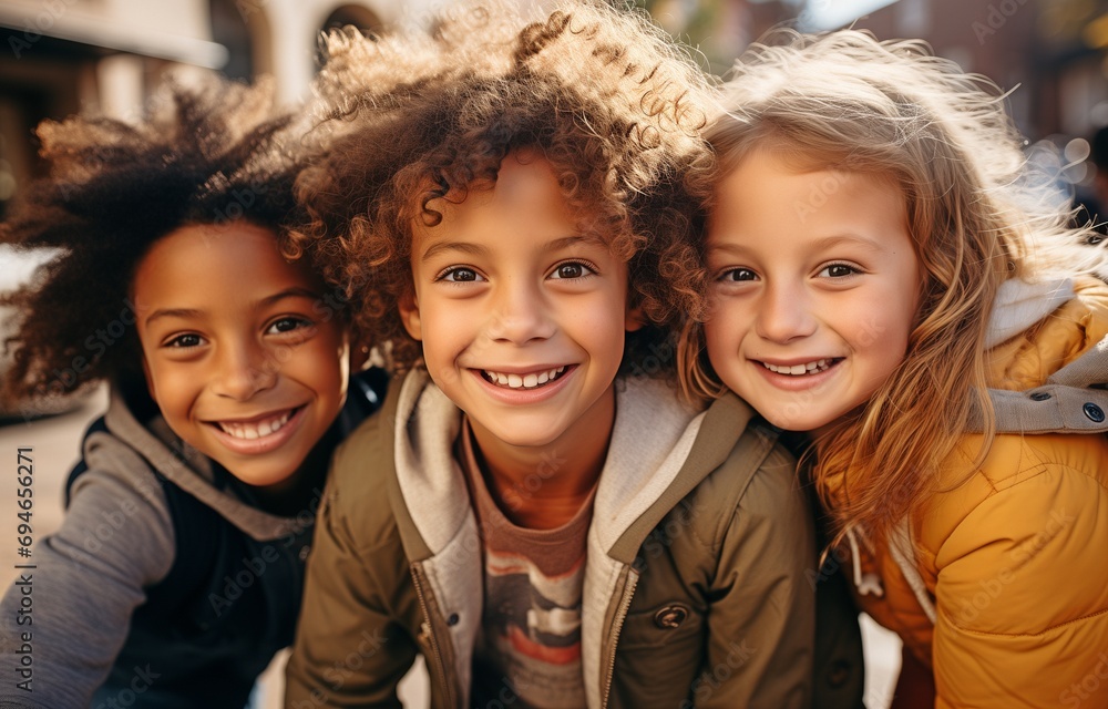 happy, multicultural children having a good time together outside while pulling funny expressions and glancing at the camera. happy, multicultural children having a good time together outside while pulling funny expressions and glancing at the camera.