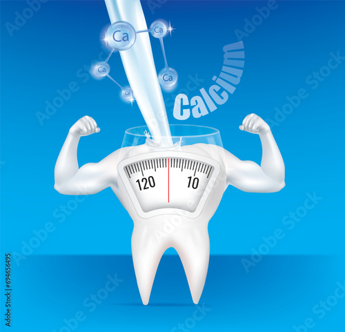 Tooth arm muscle with a weight scale. calcium.Diet concept. Vector. photo