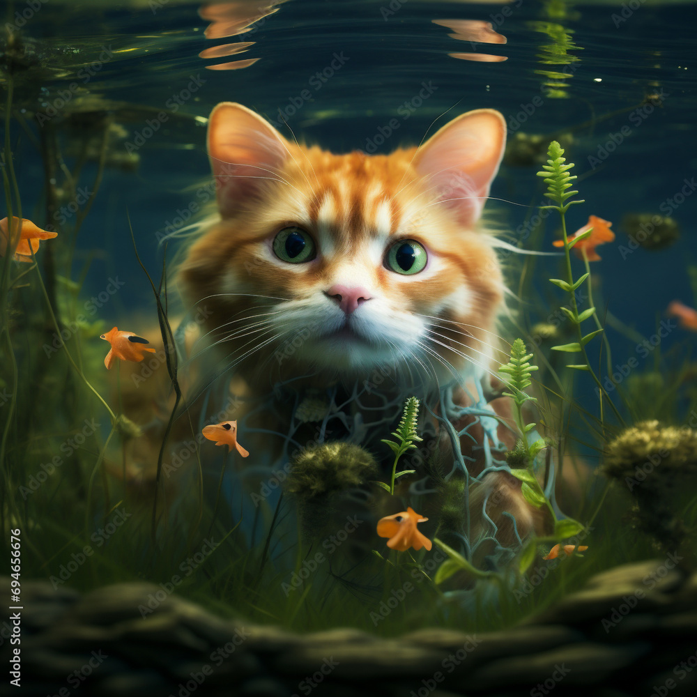 cat in water among fish and water plants