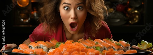 A young, startled woman holds a camera and eats a raw, freshly made sushi roll that is placed on a black dish. eat Japanese food with chopsticks .