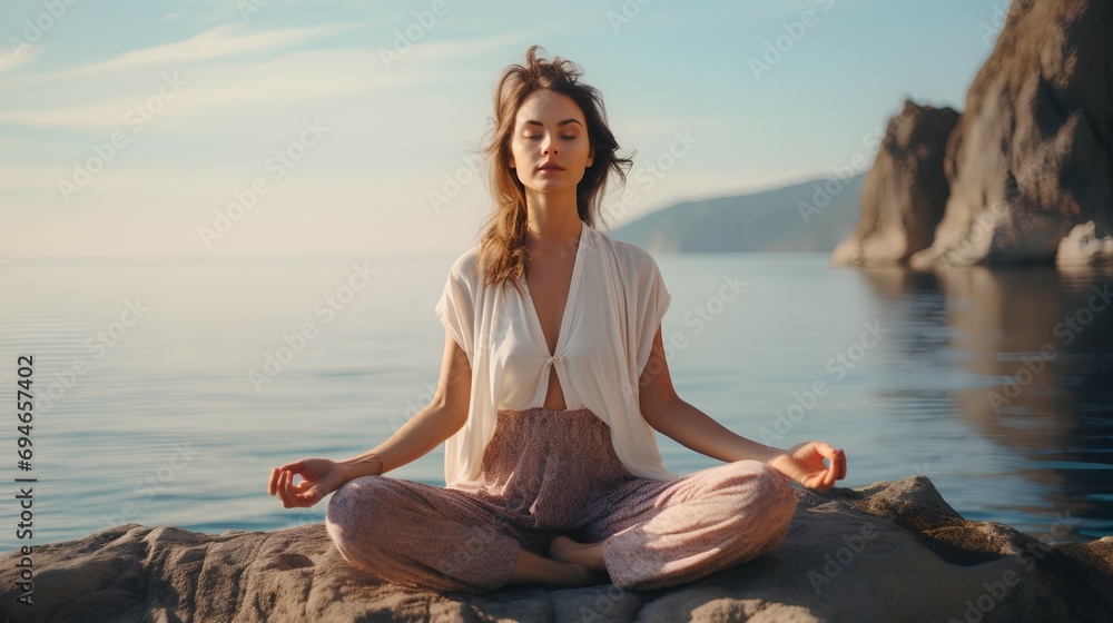 A young beautiful girl is sitting in a lotus position on the background of the ocean