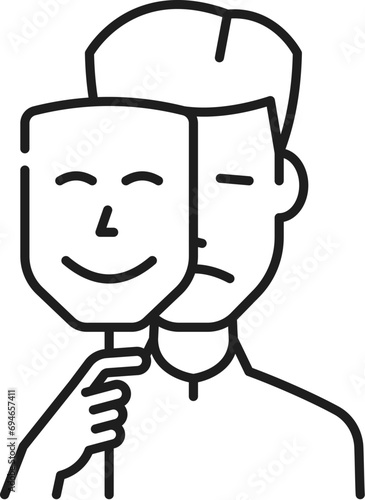 Imposter syndrome psychological disorder problem, mental health. Psychotherapy, human psychology problem or cognitive disorder, mental health line vector sign with sad man holding smiling face mask