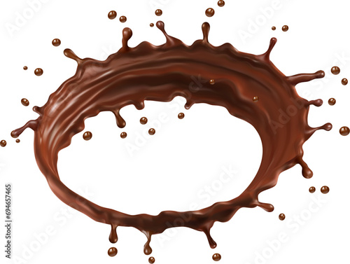 Realistic liquid chocolate milk or cocoa drink circle splash with drops. Vector 3d swirl, wave flow or spill with brown creamy texture of hot chocolate beverage, dark choco dessert or cacao milkshake