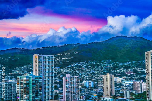 Colorful Pink Sunset Buildings Tantalus Waikiki Honolulu Hawaii