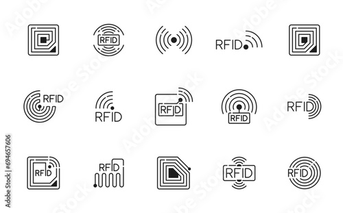 RFID. Radio frequency identification technology icons, wireless payment electromagnetic copper coil monochrome thin line symbols. Identification and tracking RFID system outline pictograms set