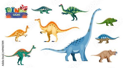 Funny dinosaurs cartoon personages. Nodosaurus  Hypacrosaurus  Corythosaurus and Deinocheirus  Lambeosaurus  Titanosauria  Centrosaurus and Avaceratops  Panoplosaurus dinosaur funny characters set