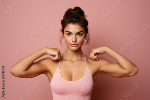 a young woman flexes her muscle and poses a photo of a gym