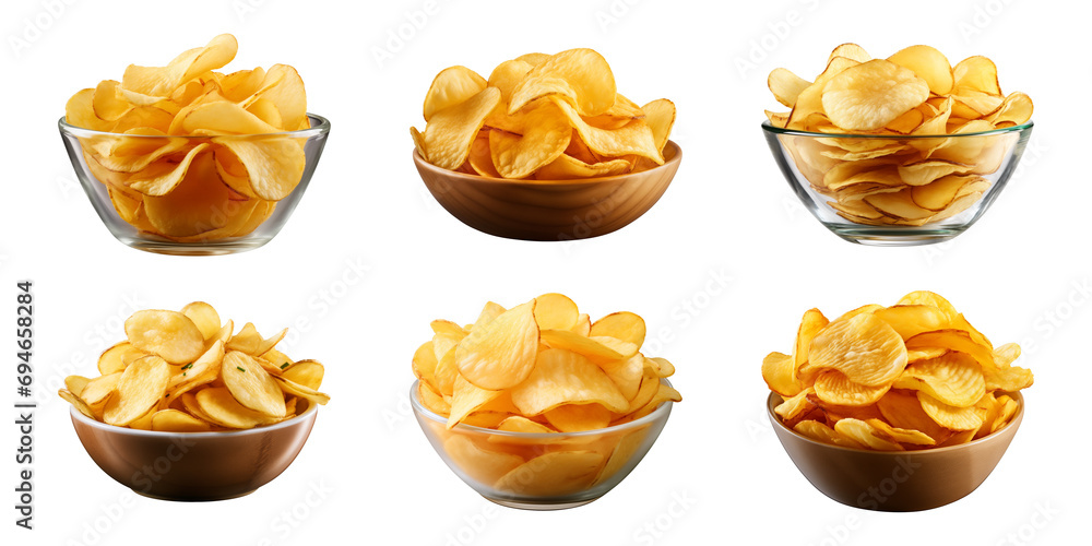 Collection set of potato chips in a bowl isolated on a transparent background - obrazy, fototapety, plakaty 