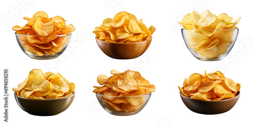 Collection set of potato chips in a bowl isolated on a transparent background