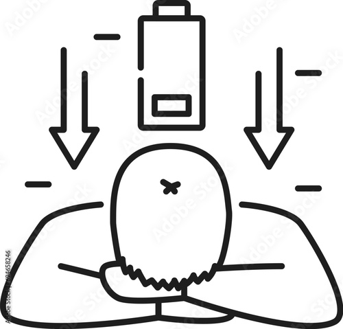 Burnout syndrome. Psychological disorder problem, mental health icon. Psychotherapy, human psychology or mental disorder problem thin line vector icon with tired, stressed man, low energy battery