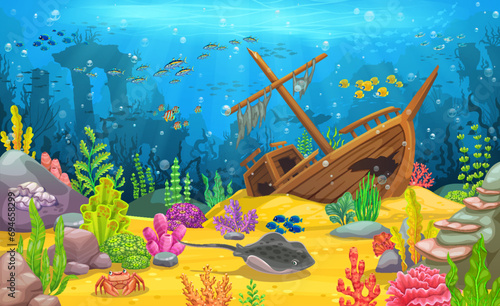 Cartoon underwater landscape. Arcade game level with sunken ship, ancient greek city columns and fish shoal. Vector sea and ocean under water background, coral reef undersea world with marine animals