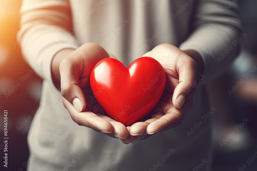 Young Woman Holding Red Heart Shape love, Close-Up Hands Gesture. Concept of Love, women's day, valentines day, friendship day, Charity, and Family Young Woman Holding Red Heart Shape love, Close-Up Hands Gesture. Concept of Love, women's day, valentines day, friendship day, Charity, and Family