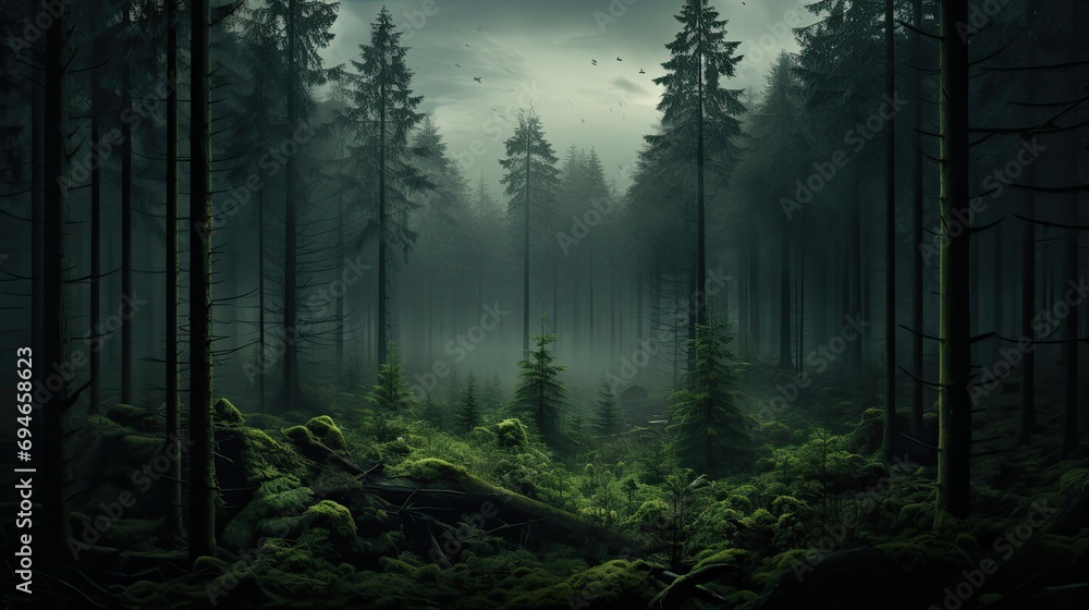 Obraz premium Ancient trees reach towards the sky, their gnarled branches draped in silvery fog