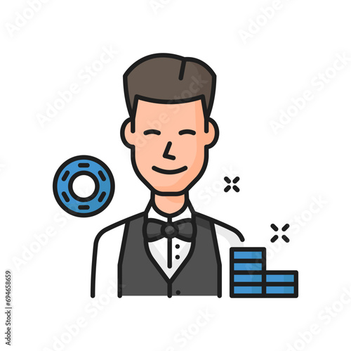 Casino employee shuffles, vector croupier worker, stack of chips isolated color line icon. Vector smiling casino dealer male worker in elegant clothes