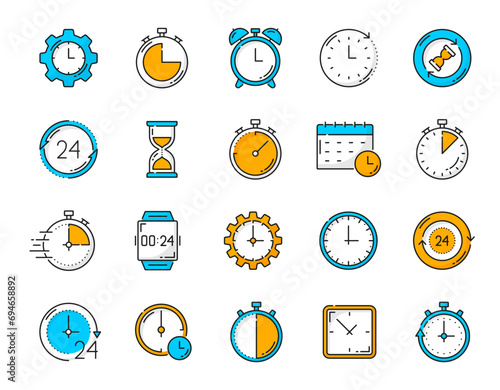 Timer clock color outline icons. Calendar reminder, clock alarm, stopwatch timer pictograms. Digital wristwatch, time management chronometer or business deadline hourglass outline vector symbols set