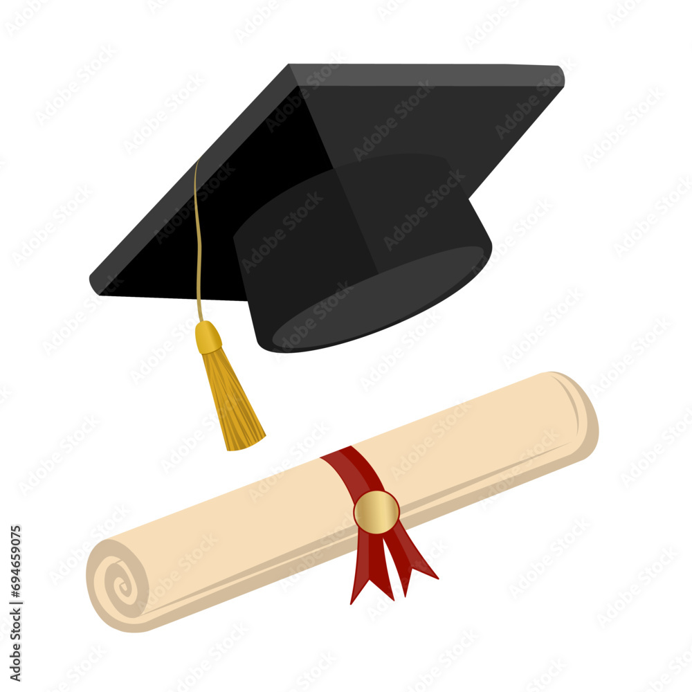 Graduation cap and diploma isolated on white background. Vector ...