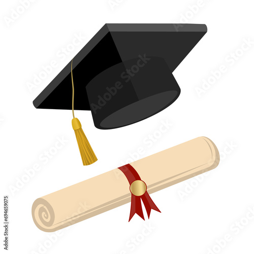 Graduation cap and diploma isolated on white background. Vector illustration. colored icon