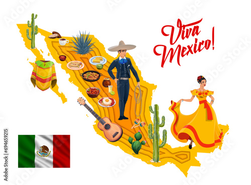 Viva Mexico, Mexican paper cut map with national characters and cuisine, clothes and musical instruments, vector background. Mexican charro man in sombrero and woman in ethnic dress, guitar and poncho
