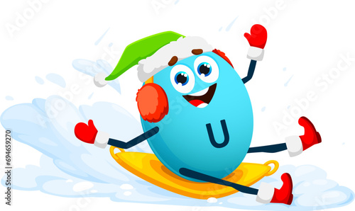 Cartoon vitamin U, methyl-l-methionineand micronutrient character gleefully slides down snowy winter hill. Isolated vector cheerful capsule engaged in wintertime activities, spreading health and joy