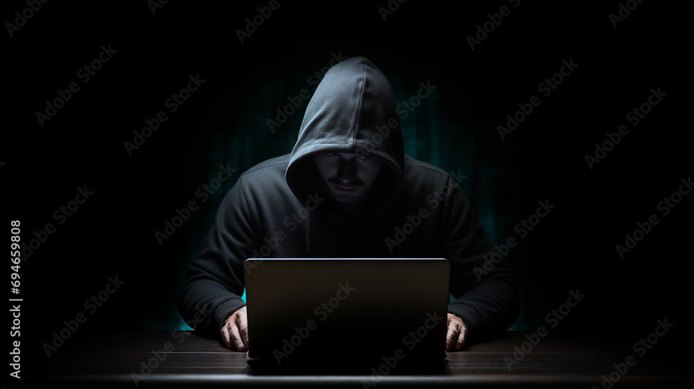 Hooded Hacker Working on Laptop in a Dark Room Hooded Hacker Working on Laptop in a Dark Room