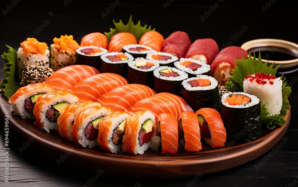 Plate with fresh sushi with dark background Plate with fresh sushi with dark background