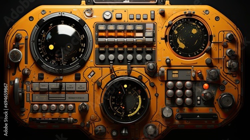 close-up of a control panel with buttons and instruments on a black background photo