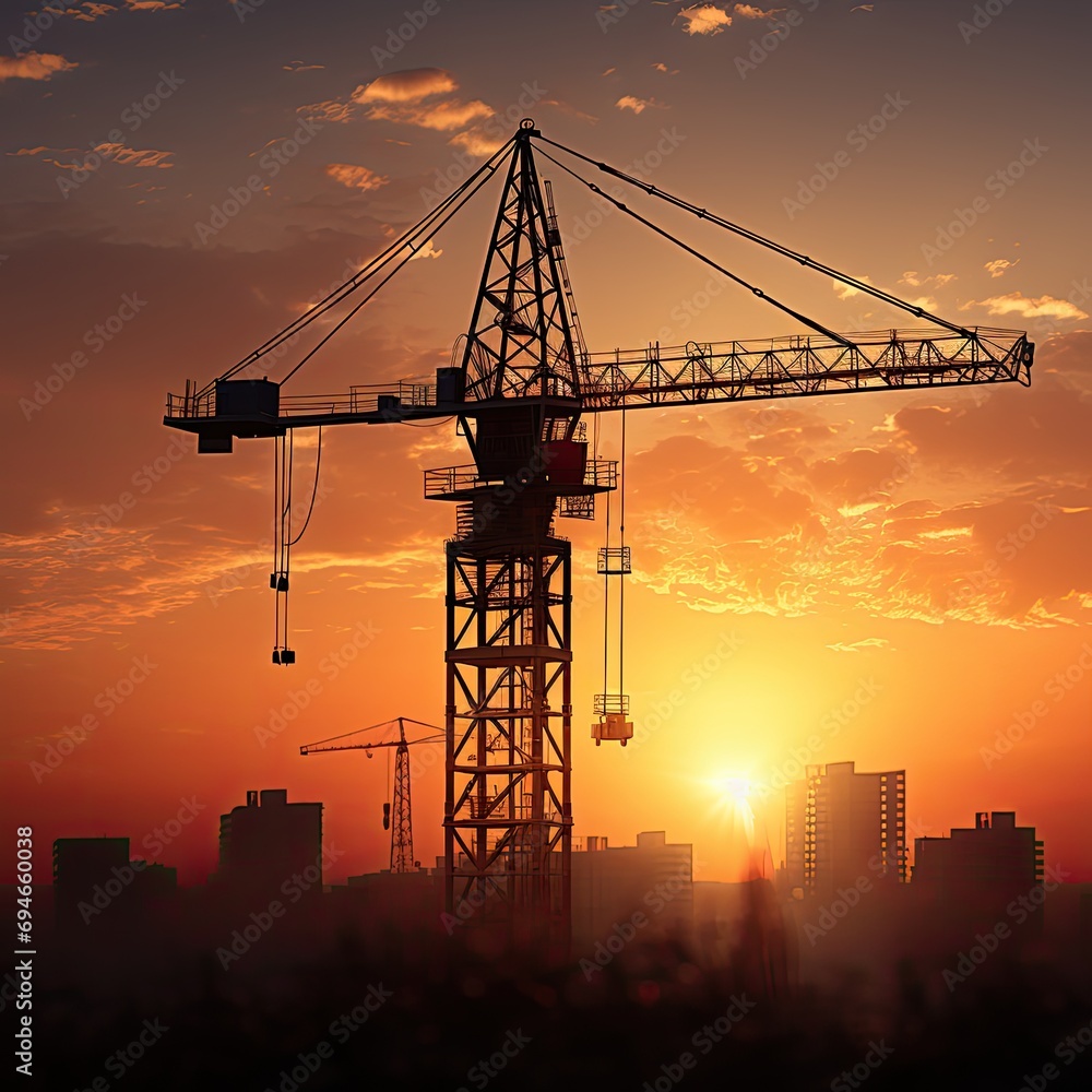 construction crane on top of a building in a city at sunset
