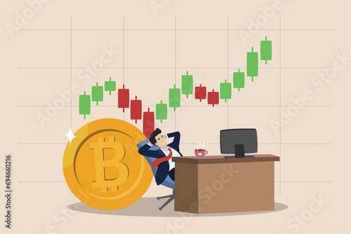 Bitcoin and cryptocurrency investing, crypto trading make profit and earning from Bitcoin price, businessman investor using computer to trade crypto on big Bitcoin with candlestick price graph chart.