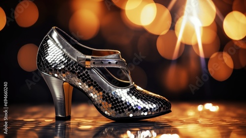 Sequined black tango shoes on a reflective surface photo