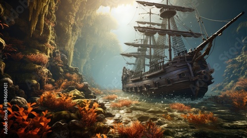depicts an underwater scene where a large wooden ship is partially submerged