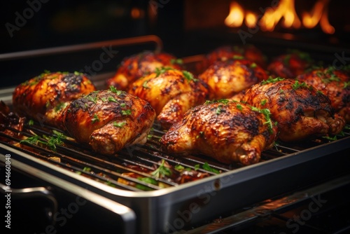 Evenly browned chicken, aromatically seasoned, cook on the grill in the hot oven.