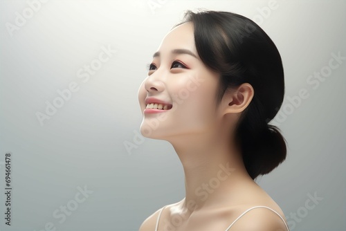 肌の綺麗な日本人女性の横顔（アジア人・白背景・背景なし）
