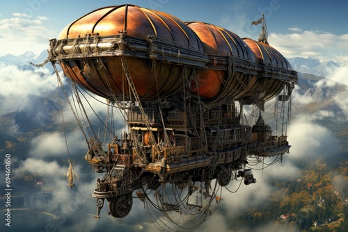 large steampunk-style airship floating amidst the clouds