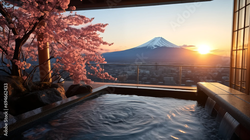 Onsen with sakura and Fuji mountain background  very detail  Golden light  wide angle