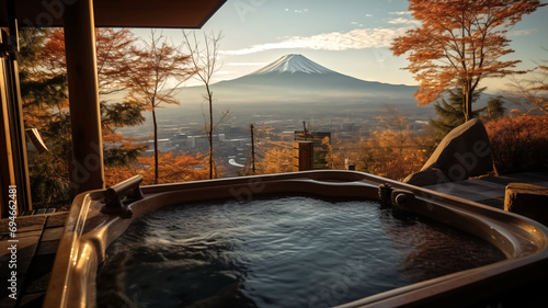 Onsen with autumn leaves and Fuji mountain background  very detail  Golden light  wide angle