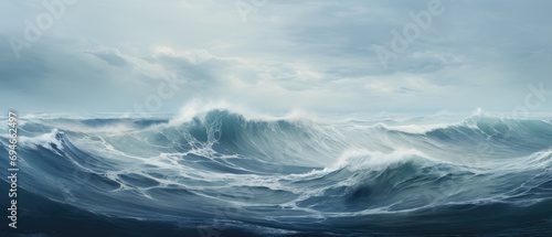 painting of a stormy ocean with waves crashing against the shore © Supardi