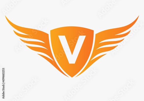Wing Logo On Letter V For, Transportation Symbol. Freight Sign