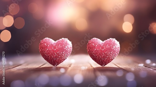Romantic Pink Glitter Hearts with Bokeh Lights Background