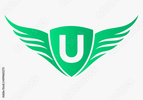 Wing Logo On Letter U For, Transportation Symbol. Freight Sign