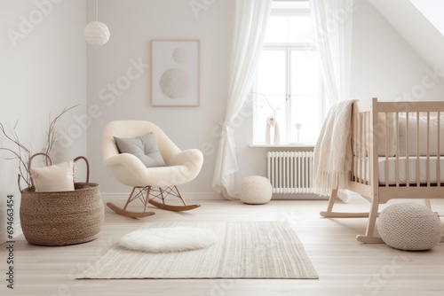Modern minimalist nursery in Scandinavian style Children's room interior in light colors