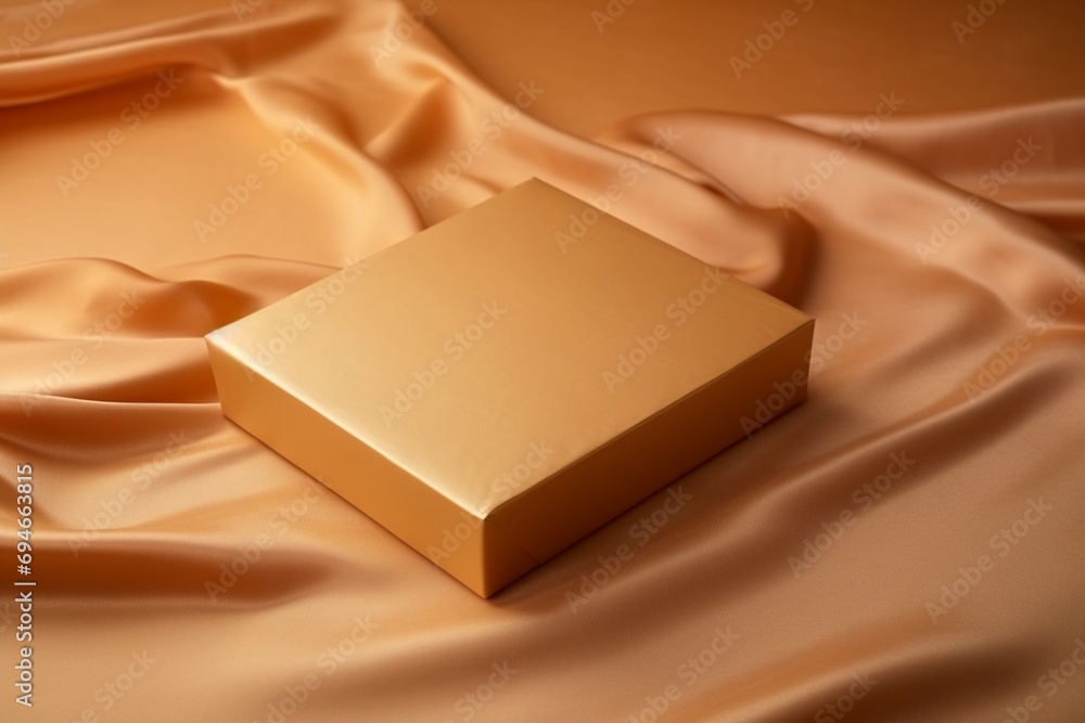 A golden silk-thread empty magnetic cardboard box with copy space on blank labels for customization, positioned on a luxurious golden silk surface. Empty blank label cardboard Box.