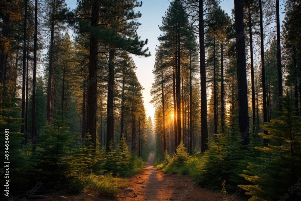 Fototapeta premium Tall pine trees dominate the scene with their towering trunks and lush green foliage