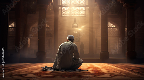 a muslim man praying in mosque, ramadan, islamic background, Generative AI photo