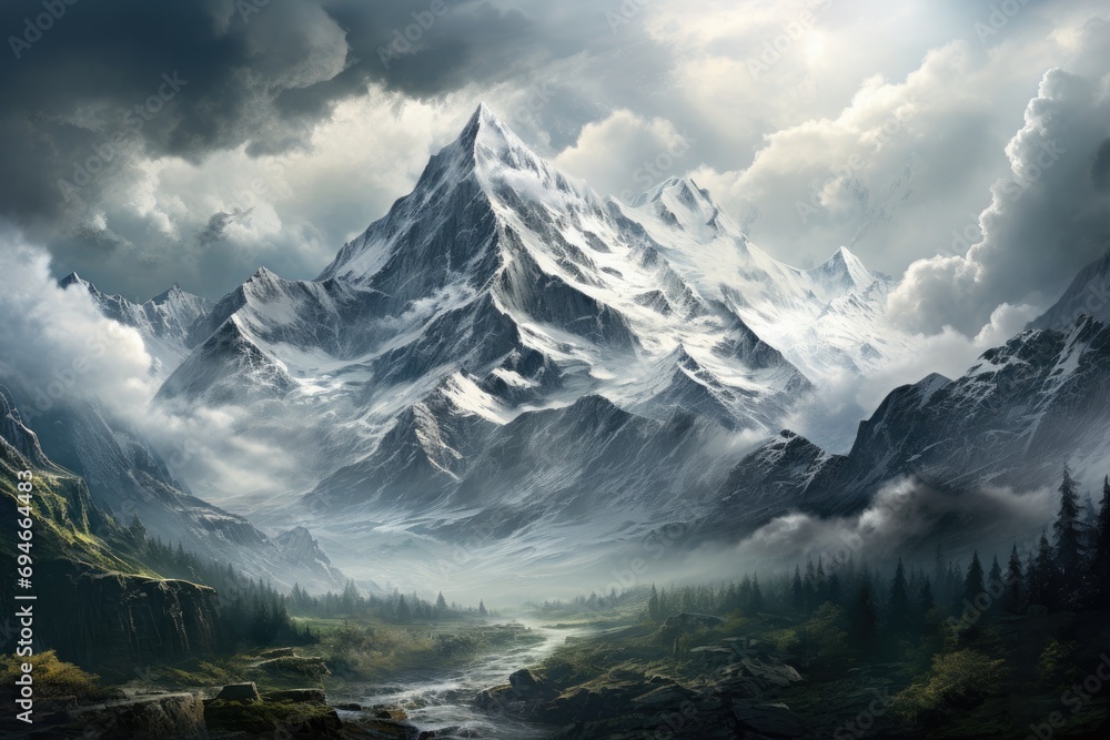 snow-capped peak pierces the heavens, a timeless sentinel