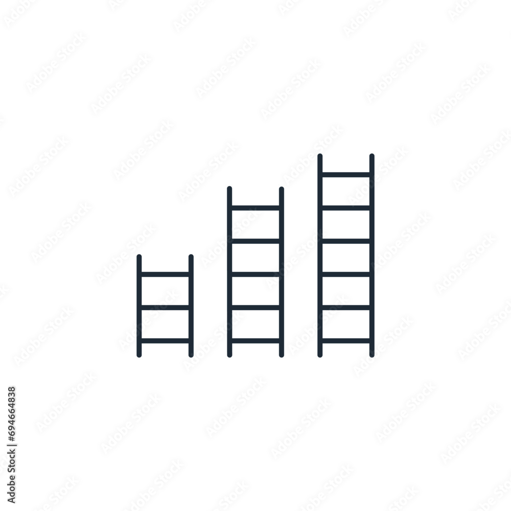 Three stairs of different heights. Compare possibilities. Analysis of the effective functioning, use. Test the possibility. Vector linear icon illustration isolated on white background. Three stairs of different heights. Compare possibilities. Analysis of the effective functioning, use. Test the possibility. Vector linear icon illustration isolated on white background.
