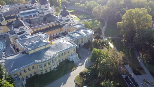 Szechenyi thermal baths in Budapest, largest spa baths in Europe. Aerial photo