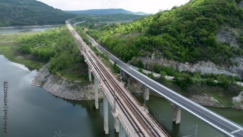 Bridges crossing the Tsonevo reservoir in valley of Luda Kamchia river. Aerial photo